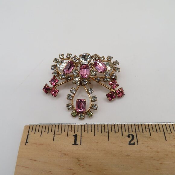 Vintage DeCurtis Pink Clear Rhinestone 12KGF Gold Tone Brooch Pendant - Picture 10 of 10